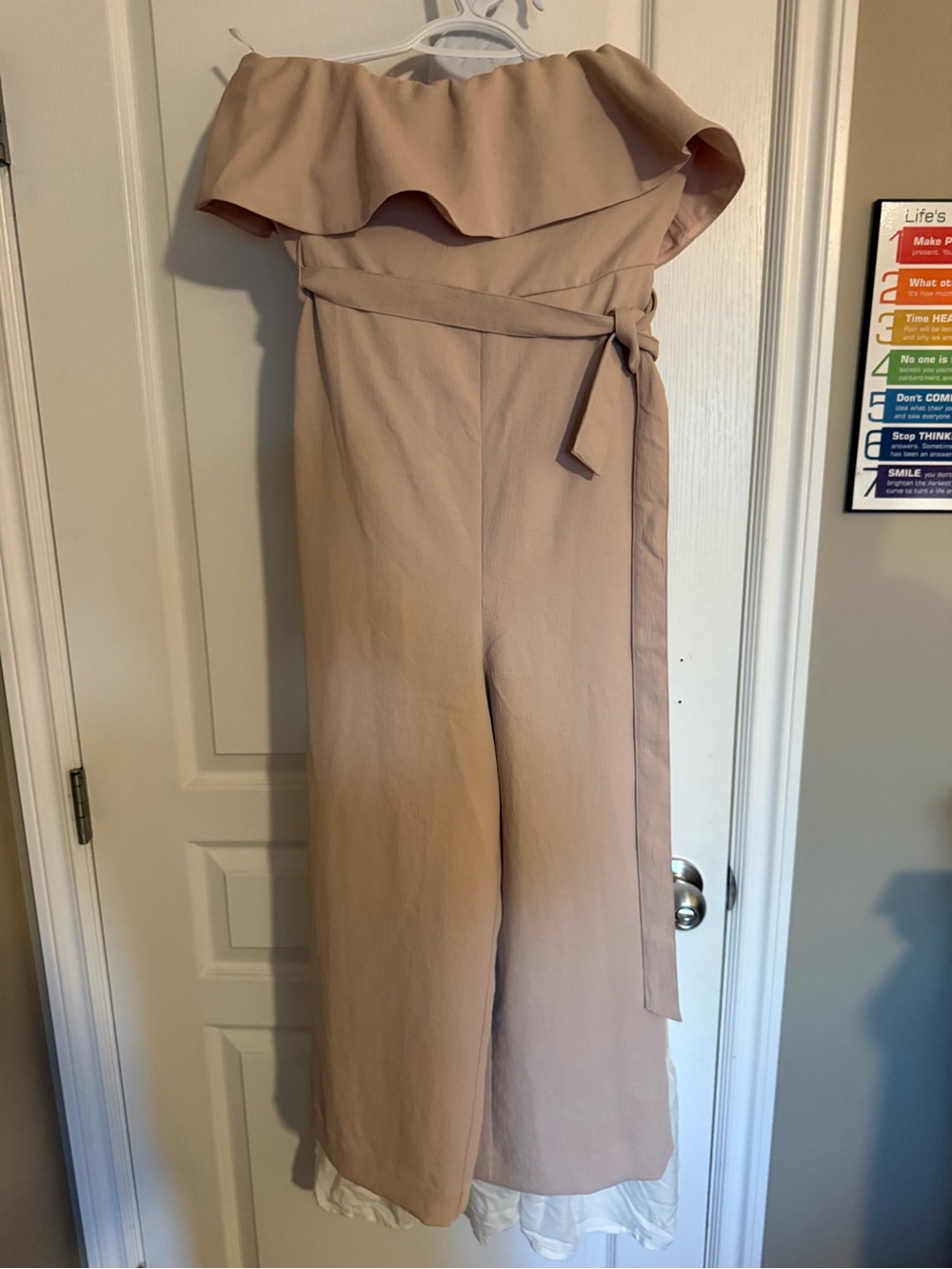 Aritzia Off-Shoulder Ruffle Belted Jumpsuit in Blush Pink